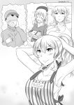  1boy 1girl =3 alternate_costume alternate_hairstyle apron beret casual comic commentary hat highres imagining kantai_collection kashima_(kantai_collection) obentou ponytail robba-san_(wangphing) tank_top twintails tying_hair wangphing 