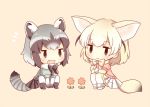 /\/\/\ 2girls :&gt; animal_ears arms_between_legs beige_background black_bow black_bowtie black_eyes black_hair black_skirt blonde_hair blush bow bowtie chibi chin_rest closed_mouth common_raccoon_(kemono_friends) eyebrows_visible_through_hair fang fennec_(kemono_friends) flower fox_ears fox_tail from_side full_body grey_hair jitome kemono_friends konno_(pixiv_23416142) looking_at_viewer multiple_girls open_mouth own_hands_together pantyhose pleated_skirt raccoon_ears raccoon_tail revision simple_background sitting skirt tail v_arms yellow_bow yellow_bowtie yellow_legwear 