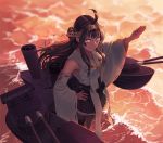  1girl ahoge arm_up bare_shoulders black_legwear brown_hair commentary_request detached_sleeves double_bun full_body gun hair_over_shoulder hairband hakama_skirt headgear kantai_collection kongou_(kantai_collection) long_hair long_sleeves looking_at_viewer machinery nontraditional_miko ocean ribbon-trimmed_sleeves ribbon_trim rigging solo sunset thigh-highs turret water waves weapon wide_sleeves yue_(tada_no_saboten) 