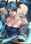  1girl absurdres aqua_eyes aqua_hair blonde_hair breasts cleavage collarbone dress green_eyes green_hair highres large_breasts league_of_legends light_smile lips long_hair looking_at_viewer multicolored_hair shiny shiny_hair shiny_skin solo sona_buvelle tied_hair twintails upper_body yus 