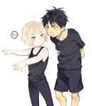  2boys ? black_hair blonde_hair blush child green_eyes grey_eyes male_focus multiple_boys nechi774 otabek_altin shorts spoken_question_mark tank_top younger yuri!!!_on_ice yuri_plisetsky 