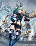  1girl aqua_hair armor bird boots cardfight!!_vanguard company_name direct_owlner_debihira feathered_wings feathers fingerless_gloves full_body gloves long_hair matsurika_youko navel official_art open_mouth owl ponytail sword teeth thigh-highs weapon wings yellow_eyes 