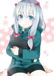  1girl aqua_eyes barefoot bow closed_mouth eromanga_sensei green_jacket hair_bow highres holding izumi_sagiri jacket looking_at_viewer no_pants silver_hair sitting solo tablet tablet_pc yuna_(yukiyuna) zipper 