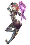  1girl armor armored_boots ass backless boots breastplate bright_pupils floating_object full_body greaves headdress high_heels highres long_hair looking_at_viewer magic open_mouth pauldrons redhead solo staff transparent_background twisted_torso violet_eyes 