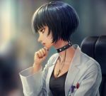  1girl bangs blunt_bangs choker finger_to_chin highres id_card jewelry labcoat nail_polish namako_mikan necklace parted_lips persona persona_5 short_hair solo takemi_tae upper_body 