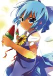  1girl blue_dress blue_eyes blue_hair bow cirno dress flower food fruit hair_bow highres ice ice_wings looking_at_viewer short_hair short_sleeves sketch solo sunflower tosura-ayato touhou watermelon wings 