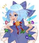 1girl :d blue_hair blush cirno commentary dress flower gotoh510 hands_on_hips hidden_star_in_four_seasons highres long_hair morning_glory open_mouth puffy_short_sleeves puffy_sleeves short_sleeves smile solo sunflower tan touhou 