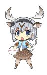  1girl :d axis_deer_(kemono_friends) axis_deer_(kemono_friends)_(cosplay) blue_eyes blue_shirt blush_stickers boots clenched_hands colonel_aki cosplay gloves hair_ribbon hairband hands_up horns kemono_friends konpaku_youmu konpaku_youmu_(ghost) moose_(kemono_friends) moose_(kemono_friends)_(cosplay) moose_ears moose_tail necktie open_mouth pants pants_under_skirt ribbon shirt shoes short_hair short_sleeves silver_hair skirt smile touhou white_background 