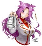  1girl alcohol beer breasts dated grin jun&#039;you_(kantai_collection) kantai_collection kasu_kazu large_breasts long_hair looking_at_viewer magatama one_eye_closed purple_hair signature simple_background smile solo upper_body violet_eyes white_background 