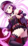  1girl ass bare_shoulders beret black_legwear blush bow bowtie detached_sleeves fate/grand_order fate_(series) hat helena_blavatsky_(fate/grand_order) looking_at_viewer open_mouth panties purple_hair shimo_(shimo_00) short_hair solo strapless thigh-highs underwear violet_eyes white_bow 