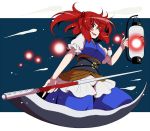  1girl ball_of_light blue_dress breasts dress eichi_yuu floating_lights hair_bobbles hair_ornament holding lantern large_breasts light onozuka_komachi open_mouth puffy_short_sleeves puffy_sleeves red_eyes redhead scythe short_sleeves smile solo touhou two_side_up 