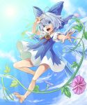  1girl ahoge barefoot blue_bow blue_dress blue_eyes blue_hair bow cirno dress flower hidden_star_in_four_seasons ice ice_wings kuro_(b_g) leaf looking_at_viewer open_mouth plant sky solo sunflower touhou vines wings 