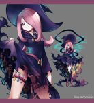  belt boots character_name garters hair_over_one_eye hat highres leila_(yurisouls) little_witch_academia long_hair multiple_views panties pantyshot pink_hair red_eyes skirt smile sucy_manbavaran underwear vial witch witch_hat 