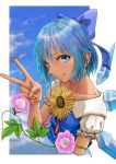  1girl blue_bow blue_dress blue_eyes blue_hair blush bow cirno clouds dark_skin day dress flower hidden_star_in_four_seasons highres ice ice_wings kilye_4421 looking_at_viewer plant sky solo sunflower tan touhou upper_body v vines wings 