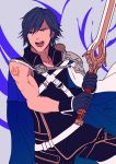  1boy blue_eyes blue_hair cape fire_emblem fire_emblem:_kakusei holding holding_sword holding_weapon ichiyou_(kazuha1003) krom pauldrons shouting solo solo_focus sword weapon 