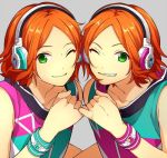  2boys ;) aoi_hinata aoi_yuuta bracelet brothers center_part ensemble_stars! green_eyes grin headphones jewelry looking_at_viewer lowres male_focus multiple_boys one_eye_closed orange_hair siblings sleeveless smile twins upper_body wand3754 wristband 