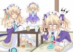  3girls angry blank_eyes blonde_hair blood blood_from_mouth blush book cup drinking_glass food fujishima_tsubasa hair_ornament hat highres histoire long_hair multiple_girls multiple_persona neptune_(series) open_mouth pudding shaded_face smile tea tears twintails water white_eyes wings 