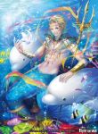  1boy blonde_hair bracelet bubble circlet copyright_name dolphin fish force_of_will full_body green_eyes jewelry male_focus matsurika_youko merman monster_boy navel necklace official_art polearm shirtless solo sparkle trident underwater water weapon 