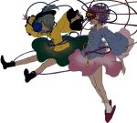  2girls alternate_eye_color alternate_hair_color black_boots black_hat blouse blue_shirt boots closed_eyes diamond_(shape) egawa_satsuki flat_chest frilled_legwear frilled_shirt_collar frills full_body green_skirt grey_hair hairband hat hat_ribbon komeiji_koishi komeiji_satori long_sleeves multiple_girls open_mouth outstretched_arms parted_lips pink_skirt purple_hair ribbon shirt short_hair siblings sisters skirt skirt_lift slippers third_eye touhou white_background white_legwear wide_sleeves yellow_eyes yellow_shirt 