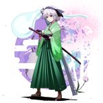  1girl alternate_costume bangs black_eyes black_hairband black_ribbon blunt_bangs blush boots brown_boots closed_mouth cross-laced_footwear flower frown full_body green_kimono grey_hair hair_ribbon hairband hakama highres holding_katana japanese_clothes kikoka_(mizuumi) kimono konpaku_youmu konpaku_youmu_(ghost) lace-up_boots long_sleeves looking_away meiji_schoolgirl_uniform ribbon scabbard serious sheath sheathed short_hair solo standing touhou wide_sleeves 