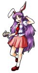  1girl :d animal_ears blush breasts carrot collared_shirt commentary ears_perk loafers long_hair looking_at_viewer lunatic_gun medium_breasts miniskirt nazotyu necktie open_mouth puffy_short_sleeves puffy_sleeves purple_hair rabbit_ears red_eyes reisen_udongein_inaba shirt shoes short_sleeves skirt smile socks solo tie_clip touhou very_long_hair white_legwear 
