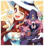  2girls ;d bangs belt blush breasts brown_hair bullet cape choker cleavage cuffs diamond doctor gloves green_gloves hair_over_one_eye hat heart heart-shaped_pupils kagari_atsuko leila_(yurisouls) little_witch_academia long_hair looking_at_viewer medium_breasts multiple_girls multiple_persona mushroom one_eye_closed open_mouth pink_hair pointing pointing_at_viewer police police_uniform ponytail red_eyes smile sucy_manbavaran symbol-shaped_pupils taser uniform very_long_hair violet_eyes witch_hat 