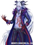  1boy belt black_pants blue_skin demon_horns demono_crusade horns long_hair male_focus muscle nexie official_art pants red_eyes solo standing tattoo white_hair 