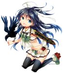  1girl ariko_youichi armor armpits asymmetrical_clothes black_hair black_legwear blue_eyes camouflage fingerless_gloves flight_deck full_body gloves hair_between_eyes hair_ribbon hip_vent japanese_clothes kantai_collection katsuragi_(kantai_collection) long_hair looking_at_viewer midriff miniskirt mismatched_gloves mismatched_sleeves navel open_mouth ponytail remodel_(kantai_collection) ribbon short_sleeves skirt 