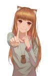  1girl absurdres animal_ears blurry blush brown_eyes brown_hair depth_of_field foreshortening highres holo index_finger_raised koi_dance long_hair looking_at_viewer simple_background smile solo spice_and_wolf upper_body white_background wolf_ears youzi_(small_shabao) 