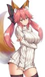 1girl alternate_hairstyle animal_ear_fluff animal_ears bad_id bad_pixiv_id black_legwear bottomless breast_hold breasts brown_eyes clothes_tug fate/extra fate_(series) fox_ears fox_shadow_puppet fox_tail kanikou large_breasts light_smile long_hair pink_eyebrows pink_hair simple_background solo sweater sweater_tug tail tamamo_(fate)_(all) tamamo_no_mae_(fate) thigh-highs twintails type-moon white_background