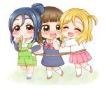  3girls :d ^_^ bangs black_hair blonde_hair blue_hair blue_shoes blunt_bangs blush chibi clenched_hand closed_eyes commentary_request dress green_eyes hair_bun hand_to_own_mouth happy_party_train kurosawa_dia long_sleeves love_live! love_live!_sunshine!! matsuura_kanan mole mole_under_mouth multiple_girls noramaru_(norarara821) ohara_mari one_side_up open_mouth overalls pink_shoes pink_skirt pleated_skirt red_shoes rope shoes short_over_long_sleeves skirt smile violet_eyes whistle white_legwear younger 