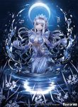  1girl blue_eyes center_opening copyright_name crown curly_hair flower force_of_will grass grey_hair grey_skin hair_flower hair_ornament head_fins long_hair matsurika_youko midriff moon navel night night_sky official_art sky solo tattoo water 