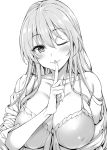 1girl ;) arms_at_sides babydoll bangs blush breasts cleavage closed_mouth collarbone erect_nipples eyebrows_visible_through_hair finger_to_mouth greyscale hair_between_eyes hair_down highres idolmaster idolmaster_cinderella_girls index_finger_raised jougasaki_mika large_breasts long_hair looking_at_viewer monochrome mushi024 one_eye_closed open_clothes open_shirt shirt shushing simple_background smile solo upper_body wavy_hair 