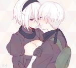  1boy 1girl aki663 black_gloves blindfold blue_eyes blush breasts cleavage cleavage_cutout gloves hair_between_eyes hairband hand_on_another&#039;s_shoulder highres large_breasts mole mole_under_eye mole_under_mouth nier_(series) nier_automata short_hair silver_hair yorha_no._2_type_b yorha_no._9_type_s 