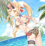  1girl adjusting_clothes adjusting_swimsuit ass ball beach beachball bikini blonde_hair closed_mouth clouds cloudy_sky commentary_request earrings facial_mark fang fate/grand_order fate_(series) hair_ribbon highres horns ibaraki_douji_(fate/grand_order) jewelry long_hair looking_at_viewer looking_back oni oni_horns pointy_ears ponytail ribbon sky smile solo swimsuit tattoo thigh_strap tsukizaki_shizuka water yellow_eyes 