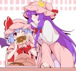  2girls bat_wings blue_hair chair commentary_request crescent doughnut eating eichi_yuu finger_to_another&#039;s_face food food_on_face hat long_hair mob_cap multiple_girls one_eye_closed patchouli_knowledge pink_hat purple_hair red_eyes remilia_scarlet short_hair sitting smile table touhou violet_eyes wings wiping_face 