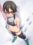  1girl ^jj^ asada_shino bikini black_eyes black_hair blush cold gloves highres looking_at_viewer looking_up navel scarf short_hair signature snow solo standing swimsuit sword_art_online thigh-highs 