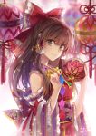  1girl bangs bell blurry blurry_background bow brown_eyes brown_hair detached_sleeves hagiwara_rin hair_bow hakurei_reimu japanese_clothes long_hair miko red_bow red_ribbon ribbon solo strapless touhou 