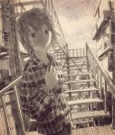  1girl absurdres building city hand_on_own_chest hand_up highres monochrome original parted_lips plaid plaid_shirt shirt short_hair sky solo stairs tokunaga_akimasa traditional_media wing_collar 
