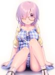  1girl bag blurry blush breasts depth_of_field dress fate/grand_order fate_(series) glasses glasses_removed hood hoodie large_breasts looking_at_viewer parted_lips plaid plaid_dress purple_hair shielder_(fate/grand_order) shoulder_bag simple_background sitting socks solo sweatdrop uso_(ameuzaki) violet_eyes white_background white_legwear 