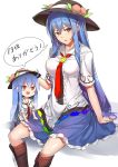  2girls :d blue_hair blush boots breasts commentary dual_persona food fruit hat highres hinanawi_tenshi large_breasts long_hair looking_at_viewer minigirl multiple_girls necktie neropaso open_mouth peach red_eyes shirt short_sleeves skirt smile touhou translated very_long_hair 