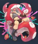  1girl artist_name belt bike_shorts blurry boots crazy_eyes depth_of_field domino_mask fangs fingerless_gloves gloves highres inkling mask midriff mojaranmo navel octarian outstretched_arm paint_splatter pointy_ears splatoon squid sweat takozonesu tank_top tentacle_hair tongue tongue_out 