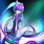  1girl ass black_bodysuit blue_eyes blue_hair blush bodysuit breasts eyebrows_visible_through_hair hair_ornament helmet highres league_of_legends lee_seok_ho long_hair looking_at_viewer looking_back medium_breasts open_mouth sitting smile solo sona_buvelle tongue tongue_out twintails visor 