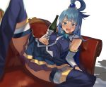  1girl :d aqua_(konosuba) bangs bare_shoulders black_legwear blue_bow blue_bowtie blue_eyes blue_hair blue_shirt blue_skirt blush bottle bow bowtie breasts couch detached_sleeves drunk hair_ornament hair_rings kabocha_(monkey4) kono_subarashii_sekai_ni_shukufuku_wo! long_hair looking_at_viewer medium_breasts miniskirt open_mouth sake_bottle shirt skirt sleeveless sleeveless_shirt smile solo spread_legs thigh-highs 