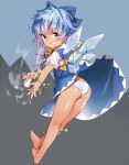  1girl ass bare_legs barefoot blue_eyes blue_hair bow cirno dress flower from_behind full_body grin hair_bow highres looking_back panties ribbon short_hair simple_background smile snowman solo striped striped_panties sunflower takotsu tan touhou underwear wings 