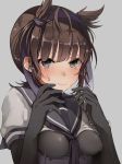  1girl between_breasts black_eyes bodysuit bodysuit_under_clothes breasts brown_hair grey_background hair_ribbon hairband hatsuzuki_(kantai_collection) kantai_collection looking_at_viewer oniku_(oishii_oniku) ribbon sailor_collar simple_background skin_tight small_breasts solo tears upper_body 