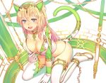  1girl animal_ears ankle_cuffs arm_support blonde_hair blush boots breasts cat_ears cat_tail chains cleavage collar detached_sleeves fake_animal_ears fake_tail from_above gloves green_eyes hairband kibamigohann long_hair looking_at_viewer looking_up medium_breasts one_side_up open_mouth original simple_background sitting smile solo tail thigh-highs thigh_boots wariza white_gloves white_legwear 