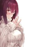  1girl bespectacled blush bra breasts fate/grand_order fate_(series) glasses hands_together highres long_hair looking_at_viewer medium_breasts pink_eyes red-framed_eyewear redhead ribbed_sweater scathach_(fate/grand_order) see-through semi-rimless_glasses simple_background smile solo sweater tokopi underwear upper_body white_background 