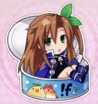  1girl absurdres blush bow brown_hair can green_eyes hair_bow hair_ornament highres if_(choujigen_game_neptune) long_hair looking_at_viewer neptune_(series) official_art ribbon smile solo tsunako 