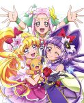  3girls :d ;) absurdres arms_up asahina_mirai black_gloves blonde_hair bow collarbone cure_felice cure_magical cure_miracle earrings elbow_gloves floating_hair flower gloves grey_eyes ha-chan_(mahou_girls_precure!) hair_bow hair_flower hair_ornament hairband hanami_kotoha hand_holding hat highres holding interlocked_fingers izayoi_liko jewelry long_hair looking_up magical_girl mahou_girls_precure! mofurun_(mahou_girls_precure!) multiple_girls one_eye_closed open_mouth pink_hair pink_hairband precure pretty_cure purple_hair purple_hat red_bow ring see-through shiny shiny_skin short_sleeves simple_background sleeveless smile white_background white_flower white_gloves 